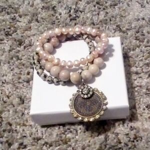 Elegant Pink and Cream Beaded Bracelet Set W/Repurposed LV Leather Emblem